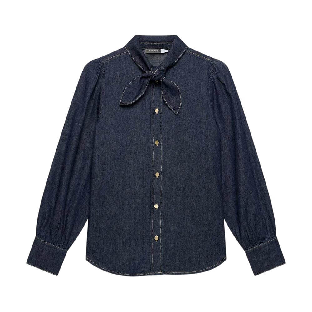 Mint Velvet Dark Indigo Tie Neck Denim Shirt